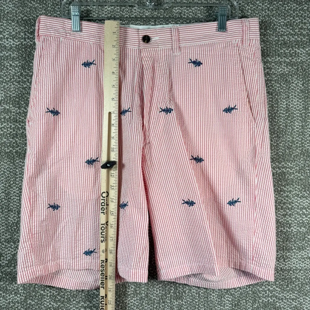 Castaway Nantuckit Seersucker‎ Shorts Mens 34 Red Stripe Fish Bone Embroidered